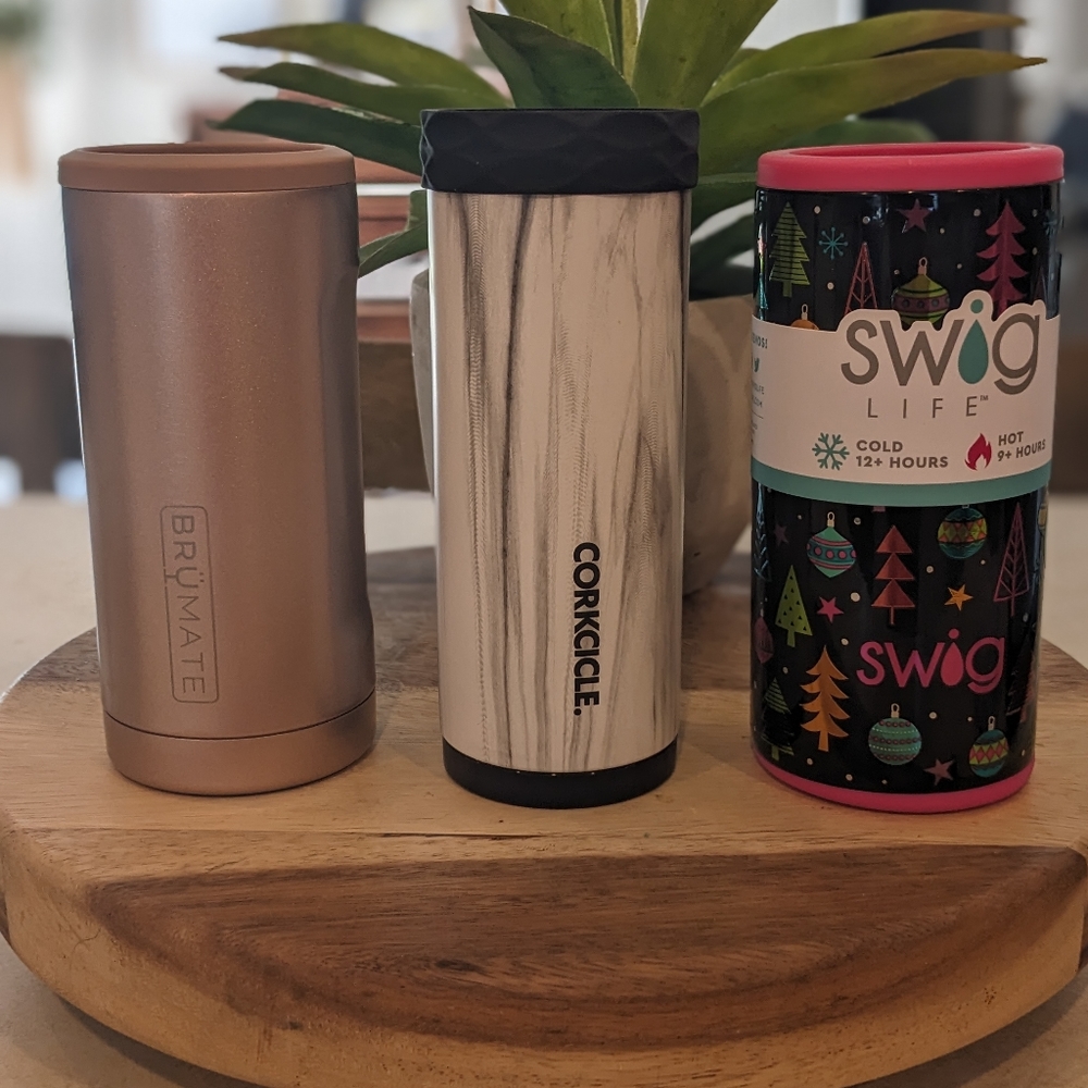 Brumate, Corkcicle and Swig slim can coolers